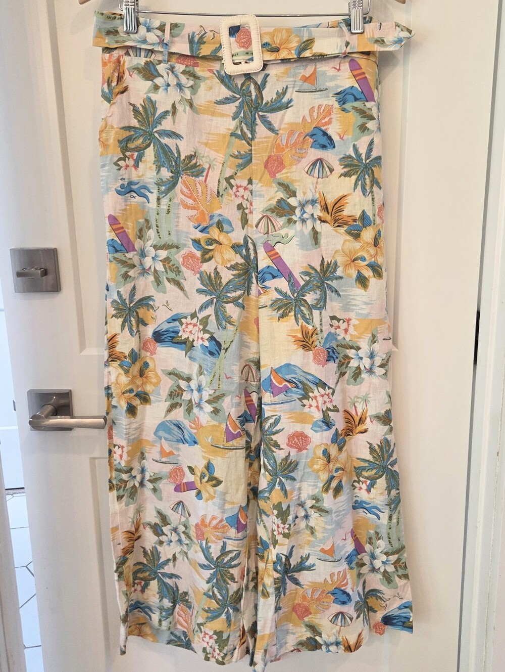 Tropical Print Linen Blend Palazzo Pants Resort Beachy Coastal Wide Leg L